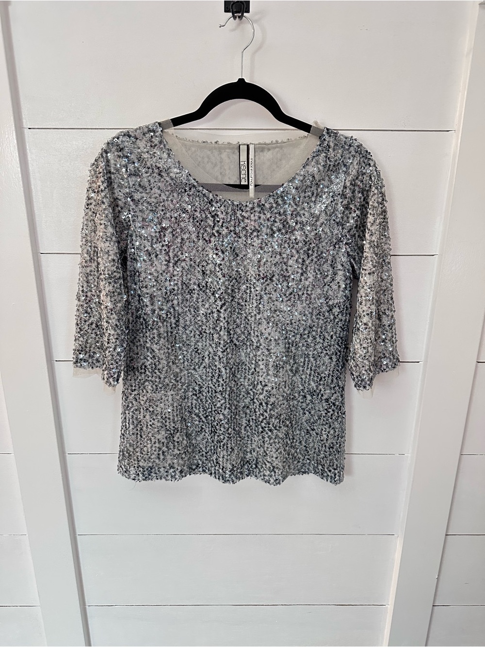 Kische M silver sparkle sequin 3/4 sleeve mesh trim luxe Y2K statement Top - Picture 2 of 10